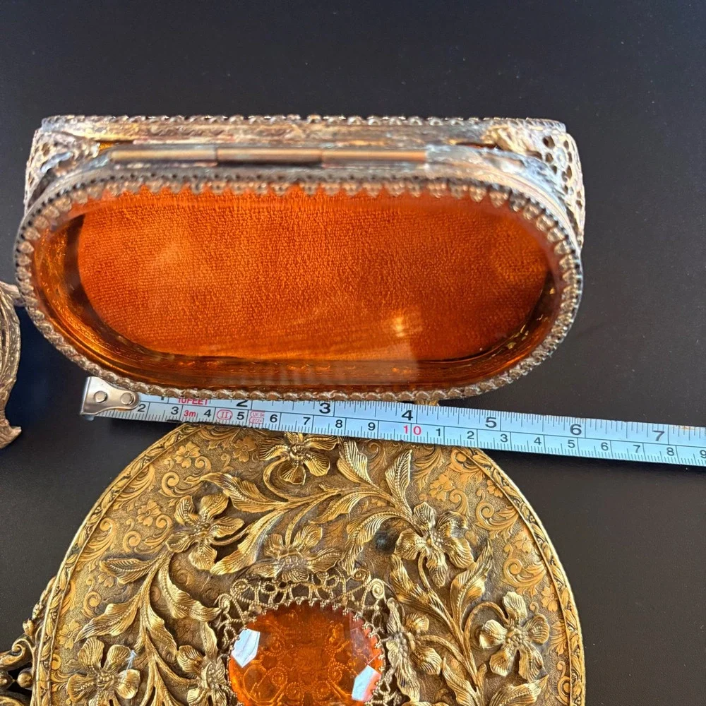 Antique vanity set trinkets case hand mirror‎ brush cup 4 pc amber glass